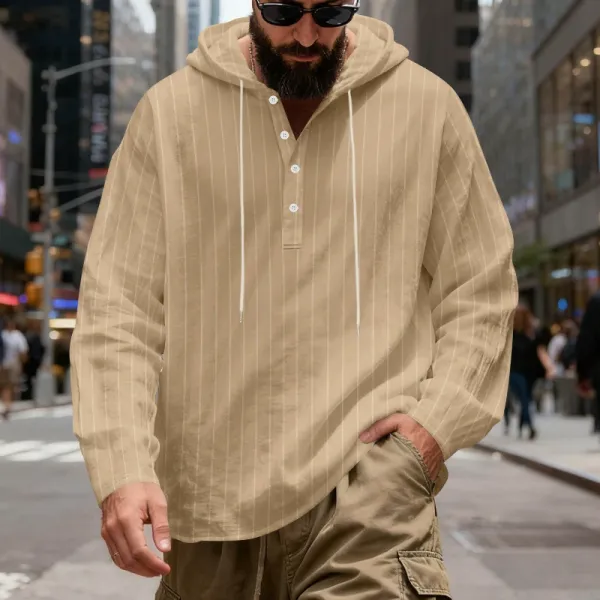 Design Striped Hooded Henley Shirt Gray Hoodie - 21