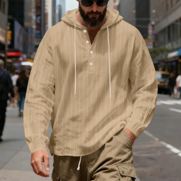 Design Striped Hooded Henley Shirt Gray Hoodie - 25