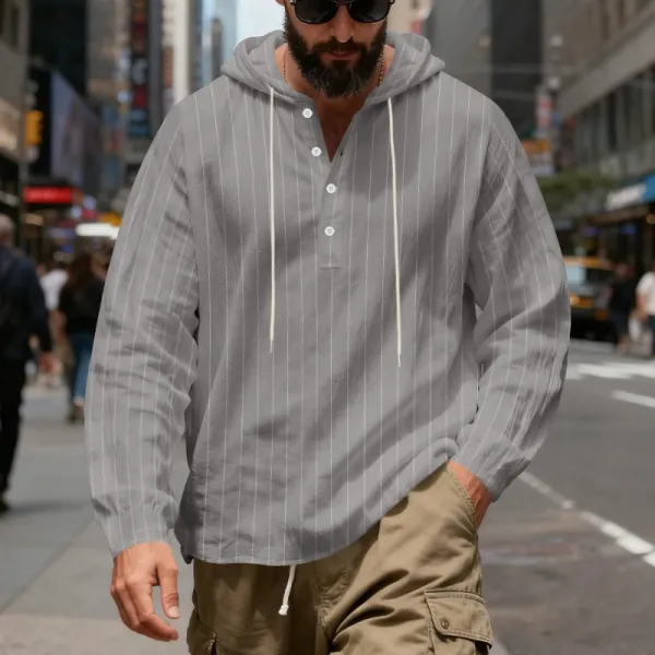 Design Striped Hooded Henley Shirt Gray Hoodie - 39