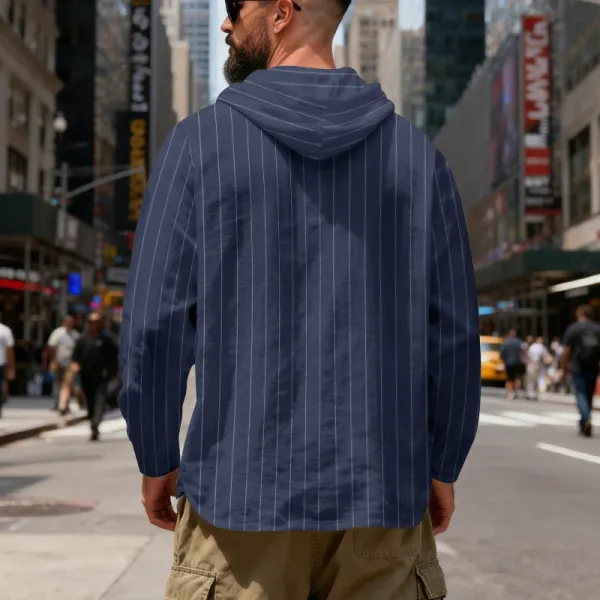 Design Striped Hooded Henley Shirt Gray Hoodie - 47