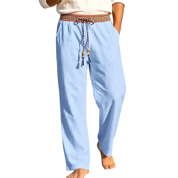 Design Bohemian Drawstring Waist Linen Pants Light Blue - 1