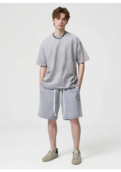 Design Acid Wash Gray T-Shirt and Shorts Set - 11