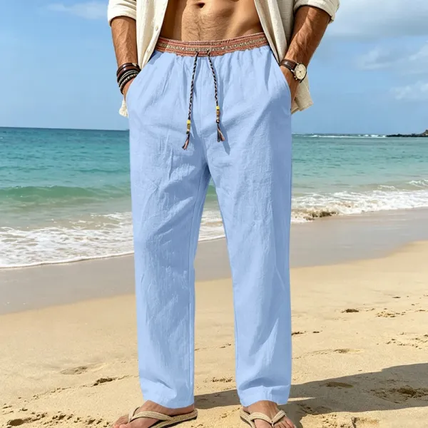 Design Bohemian Linen Drawstring Pants White - 18