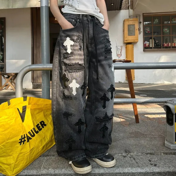 Chrome Hearts Cross-Embroidered Distressed Wide-Leg Jeans Black - 1