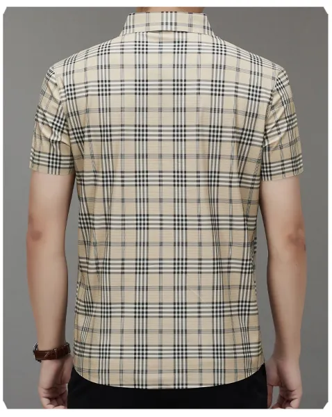 Design LGG Plaid Short-Sleeve Button-Up Shirt Beige Shirt - 14