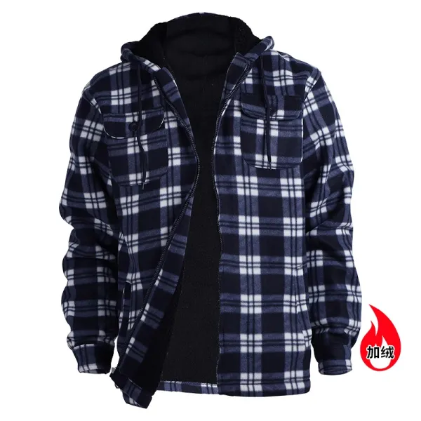 Design Plaid Fleece Hooded Jacket Navy and White Outerwear - 1