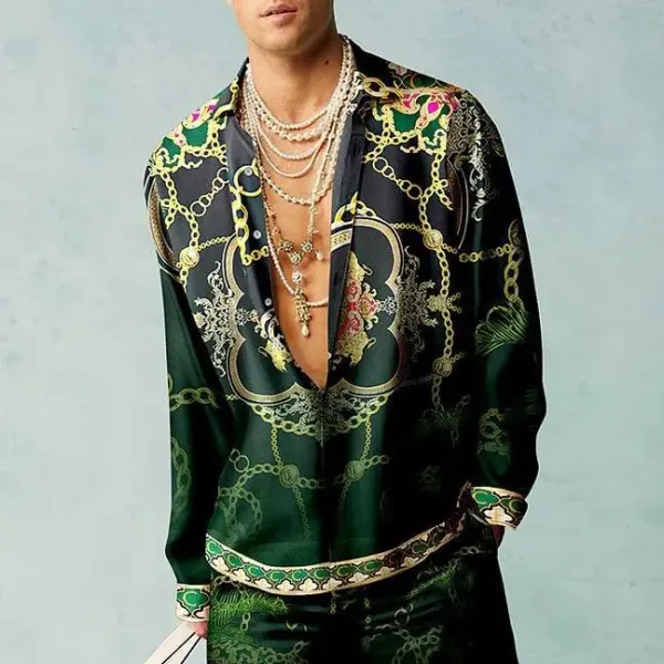 Versace Chain Print Silk Shirt and Pants Set Green Multicolor - 1