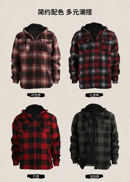 Design Flannel Hooded Jacket Army Green Black Plaid Outerwear - 9