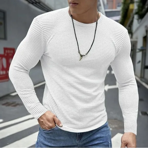 Design Waffle Knit Long Sleeve Crewneck White Top T-Shirts - 1