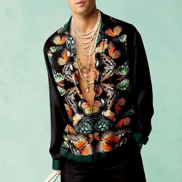 Design Butterfly Print Silk Shirt Black Multicolor Tops Shirt - 1