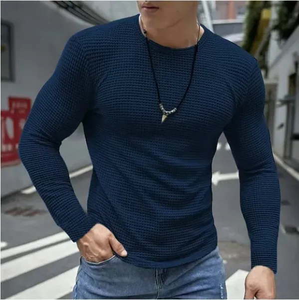 Design Waffle Knit Long Sleeve Crewneck Navy Top - 1