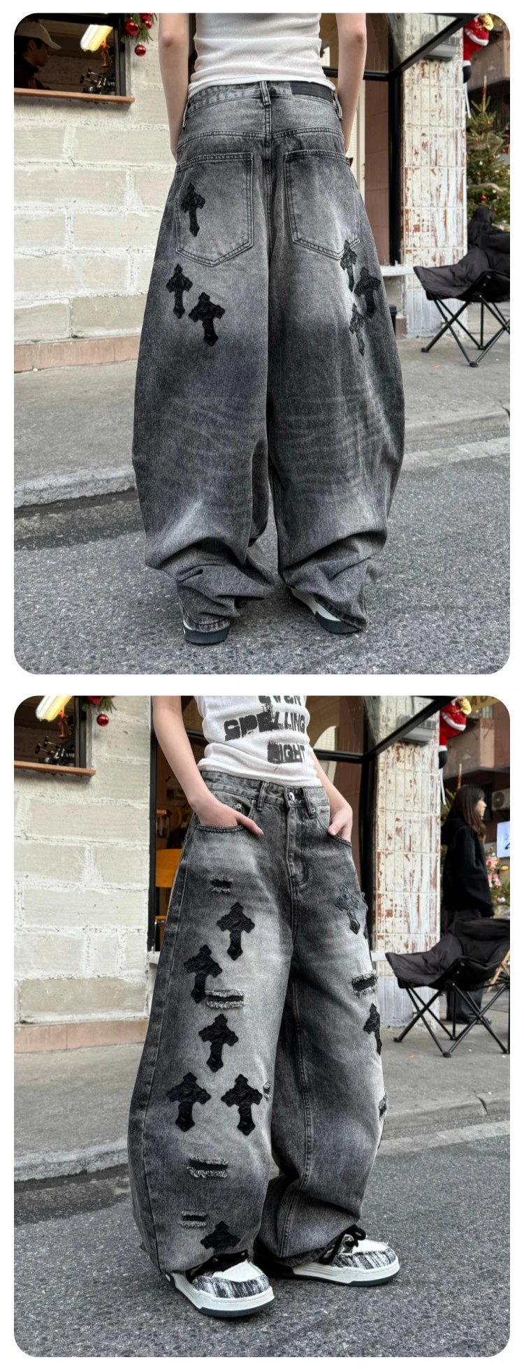 Design Distressed Rhinestone-Embellished Wide-Leg Jeans Gray - 37