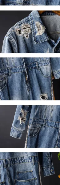 Design Distressed Denim Jumpsuit Blue Sets - 6