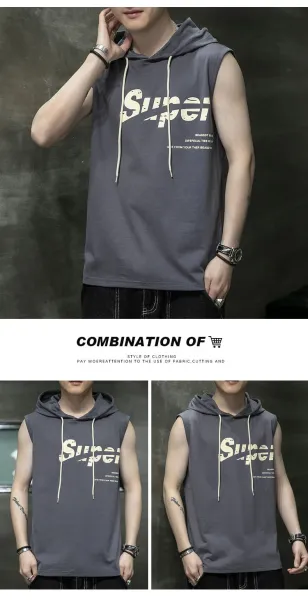 Design Sleeveless Hoodie Gray Graphic Print Vest-Top - 12