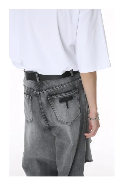 Design Distressed Wide-Leg Gray Jeans - 14