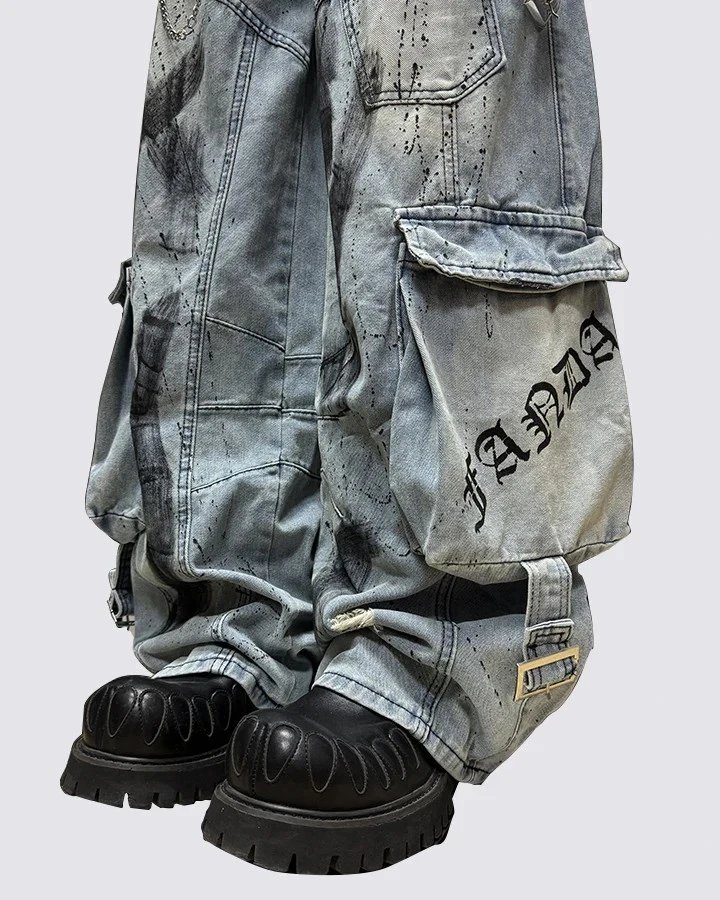 Design Cargo Pants Distressed Gray Denim - 6