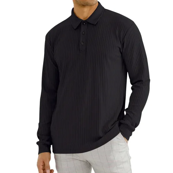 Design Ribbed Long-Sleeve Polo Black Tops Polo - 1
