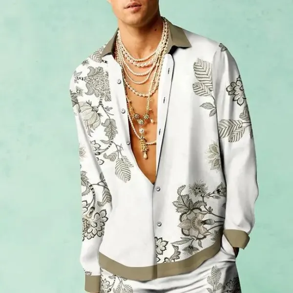 Design Floral Print Silk Shirt White with Olive Trim Tops Shirt - 1