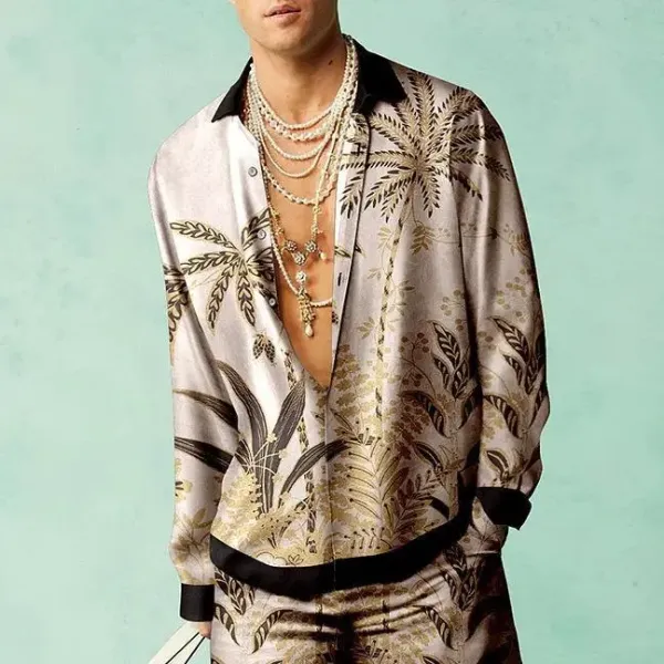 Design Palm Print Silk Shirt and Pants Set Beige Multicolor - 1