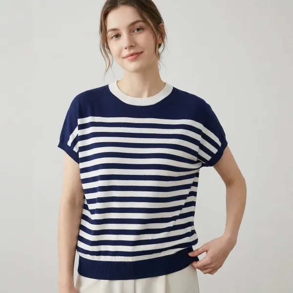 Design Striped Knit T-Shirt Navy and White Tops.t Shirts - 1