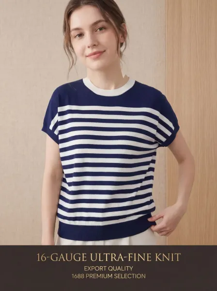Design Striped Knit Short-Sleeve Sweater White / Black - 4