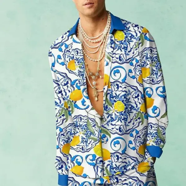 Dolce & Gabbana Lemon Print Silk Shirt Blue White Yellow - 1
