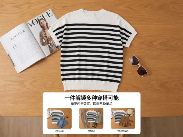 Design Striped Knit Short-Sleeve Sweater White / Black - 12