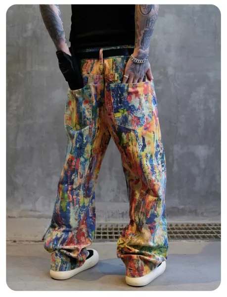 Design Abstract Paint Splatter Wide-Leg Pants Multicolor Pants - 8
