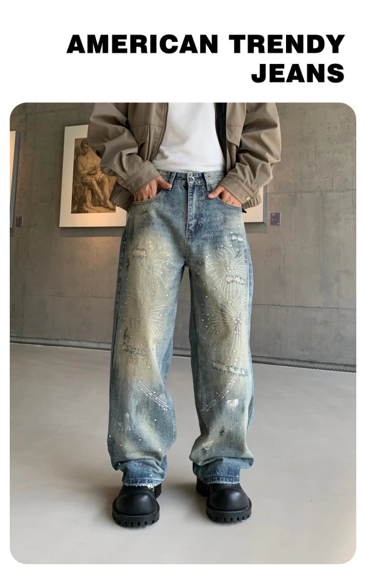 Design Distressed Rhinestone-Embellished Wide-Leg Jeans Gray - 39