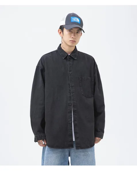 Design Oversized Washed Black Denim Shirt Tops Shirt - 19
