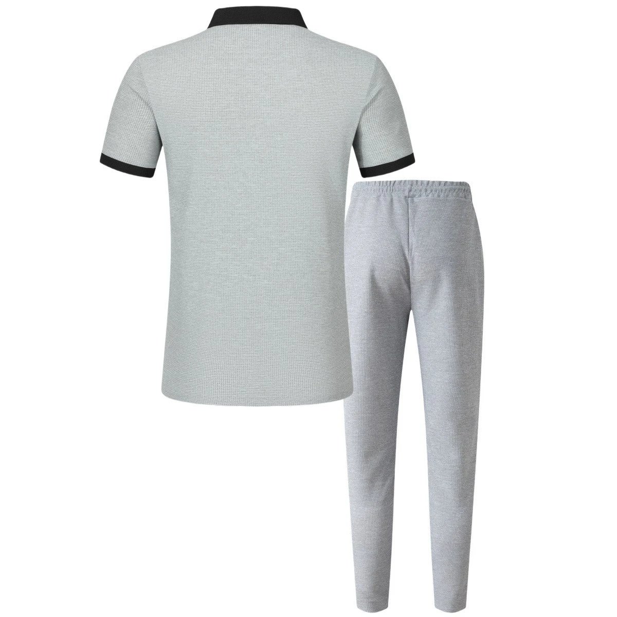 Design Two-Tone Textured Polo and Matching Pants Set Gray / Black - 11