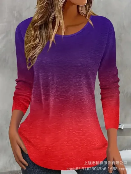Design Ombre Gradient Long Sleeve T-Shirt Purple to Red - 1