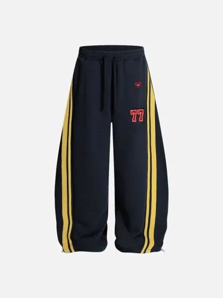Design Wide-Leg Track Pants with Yellow Stripes and '77' Embroidery Navy Sweatpants - 11