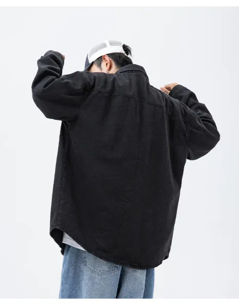 Design Oversized Washed Black Denim Shirt Tops Shirt - 24