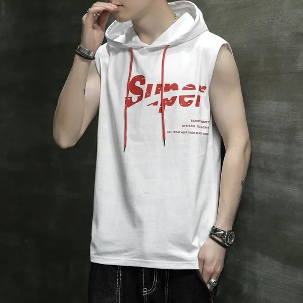 Design Sleeveless Hoodie with Red 'Super' Graphic White - 1