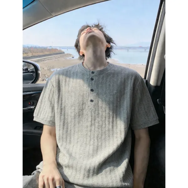 Design Henley Ribbed Knit T-Shirt Gray - 1