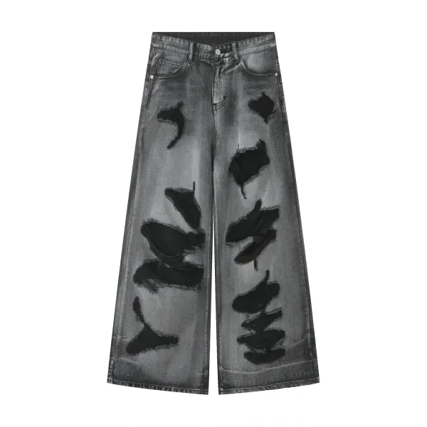 Design Distressed Wide-Leg Gray Jeans - 1