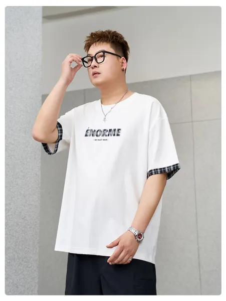 Design ÉNORME Graphic Print T-Shirt White with Plaid Cuff Detail T-Shirts - 21