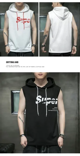 Design Sleeveless Hoodie Gray Graphic Print Vest-Top - 9