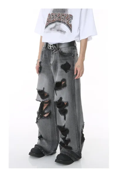 Design Distressed Wide-Leg Gray Jeans - 10