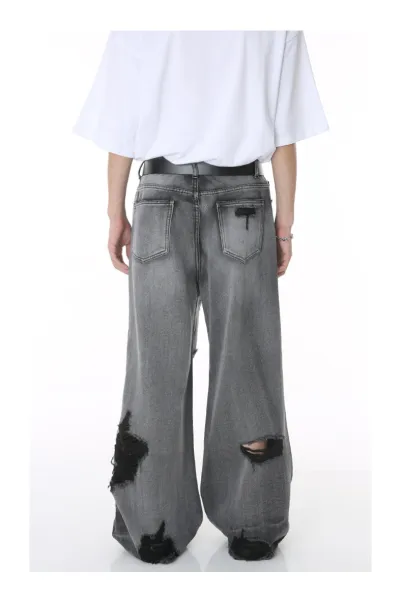 Design Distressed Wide-Leg Gray Jeans - 11