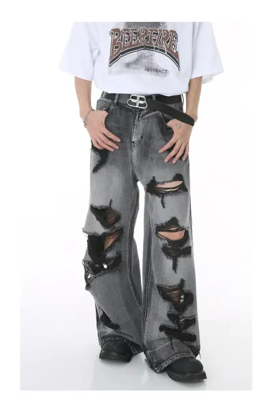 Design Distressed Wide-Leg Gray Jeans - 12