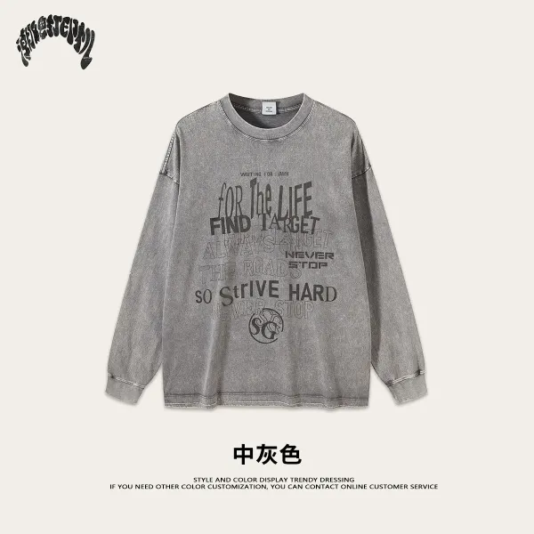 Design Graphic Print Washed Gray Long-Sleeve T-Shirt - 1