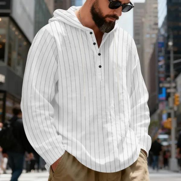 Design Striped Hooded Henley Shirt Gray Hoodie - 9