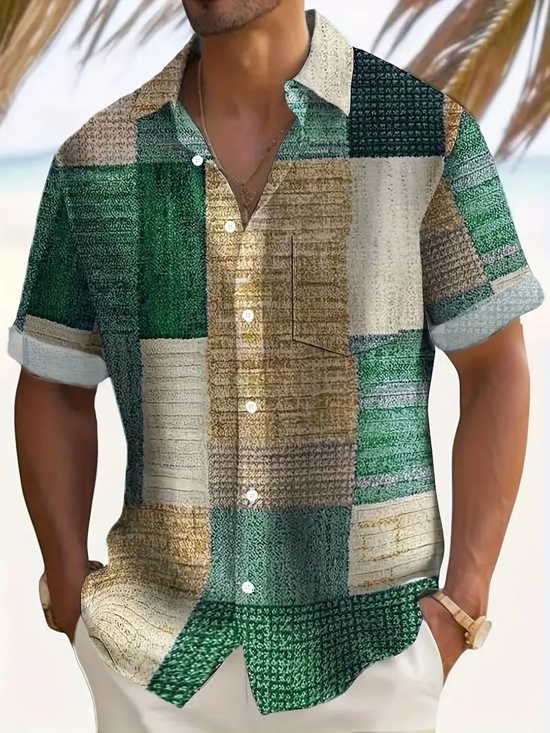 Design Patchwork Linen-Blend Shirt Green Beige Multicolor - 14