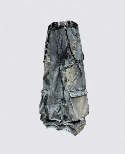 Design Distressed Cargo Jeans with Chain Accents Gray - 1