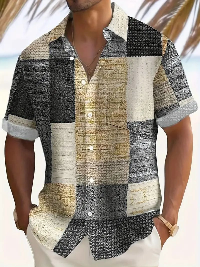 Design Patchwork Linen-Blend Shirt Green Beige Multicolor - 16