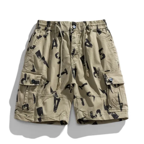 Design Cargo Shorts with Abstract Black Print Beige Shorts - 1