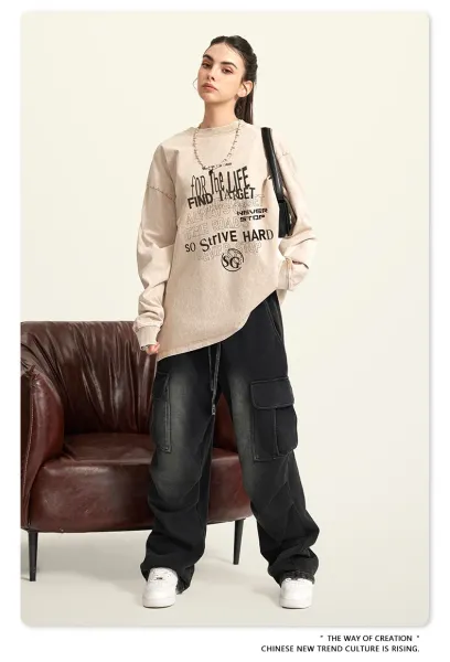 Design Long Sleeve Washed Denim T-Shirt Medium Gray - 16