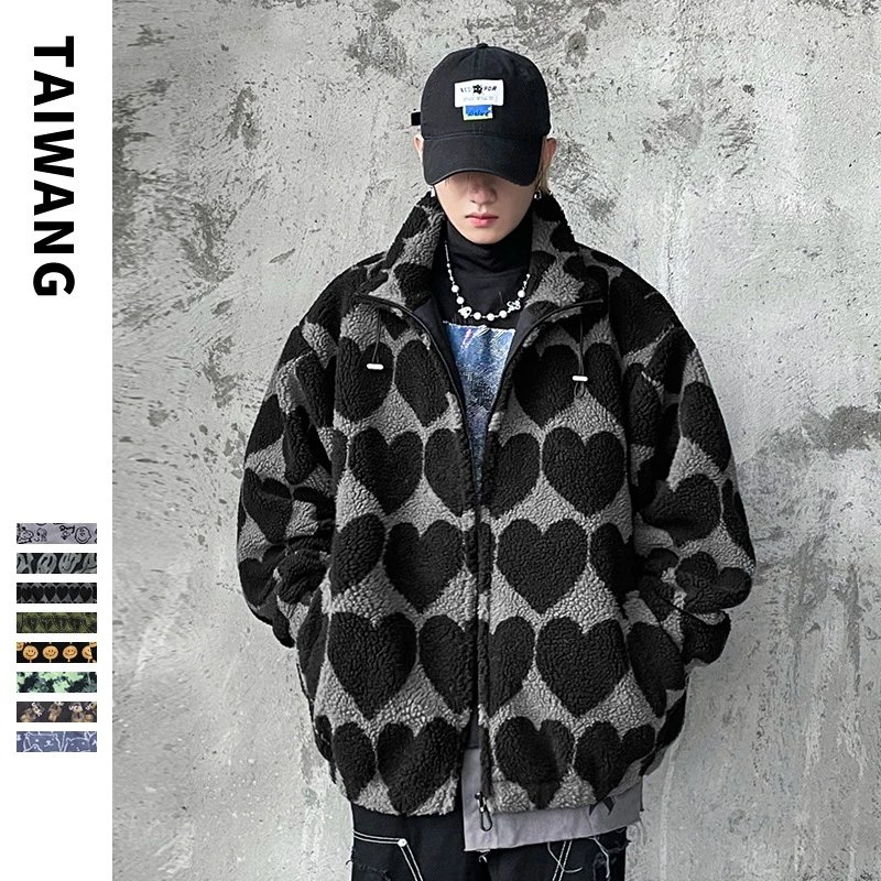 TAIWANG Heart Pattern Sherpa Fleece Jacket Black Gray